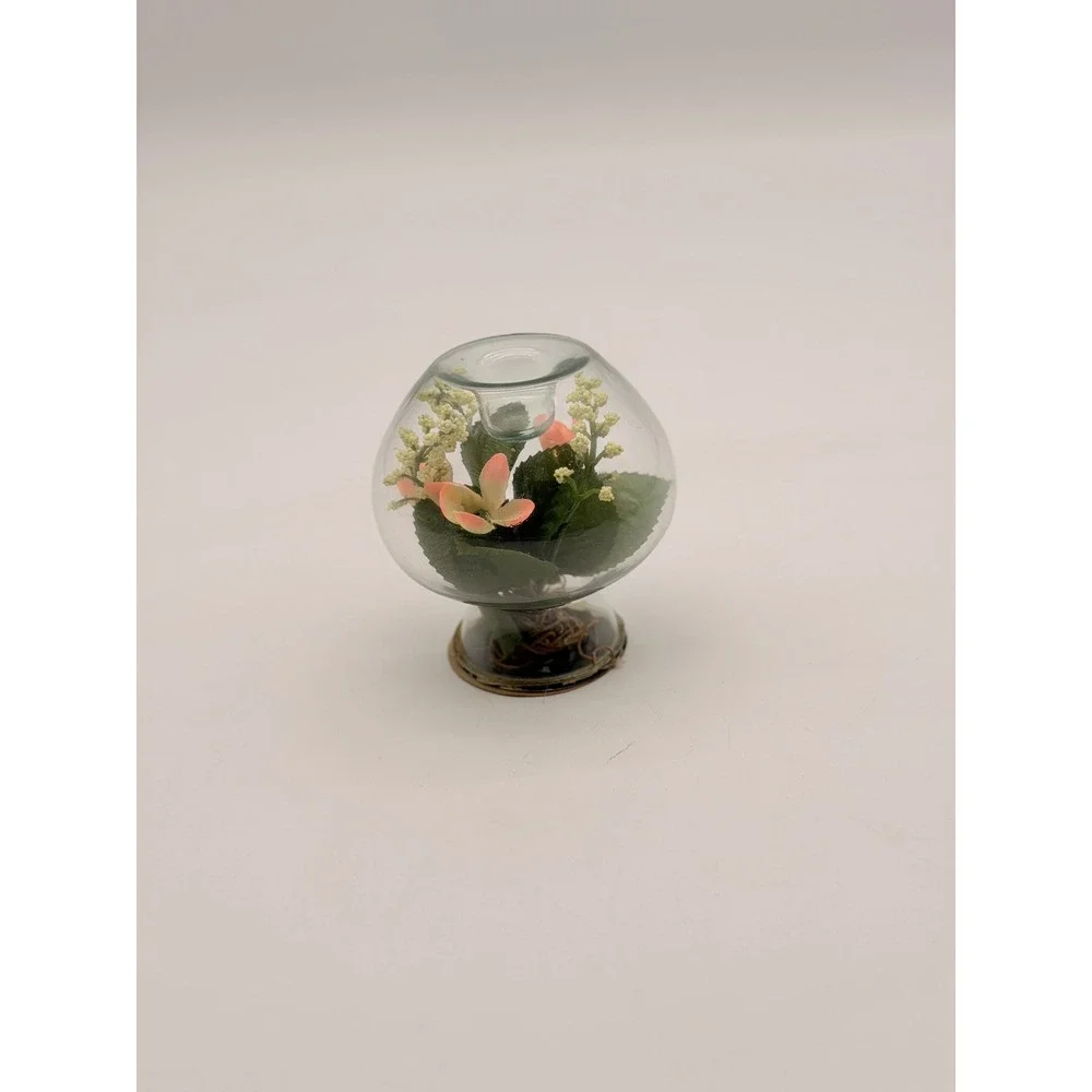 Vintage Glass Terrarium Votive Candle Holder Faux Pink Flowers Metal Base Orb